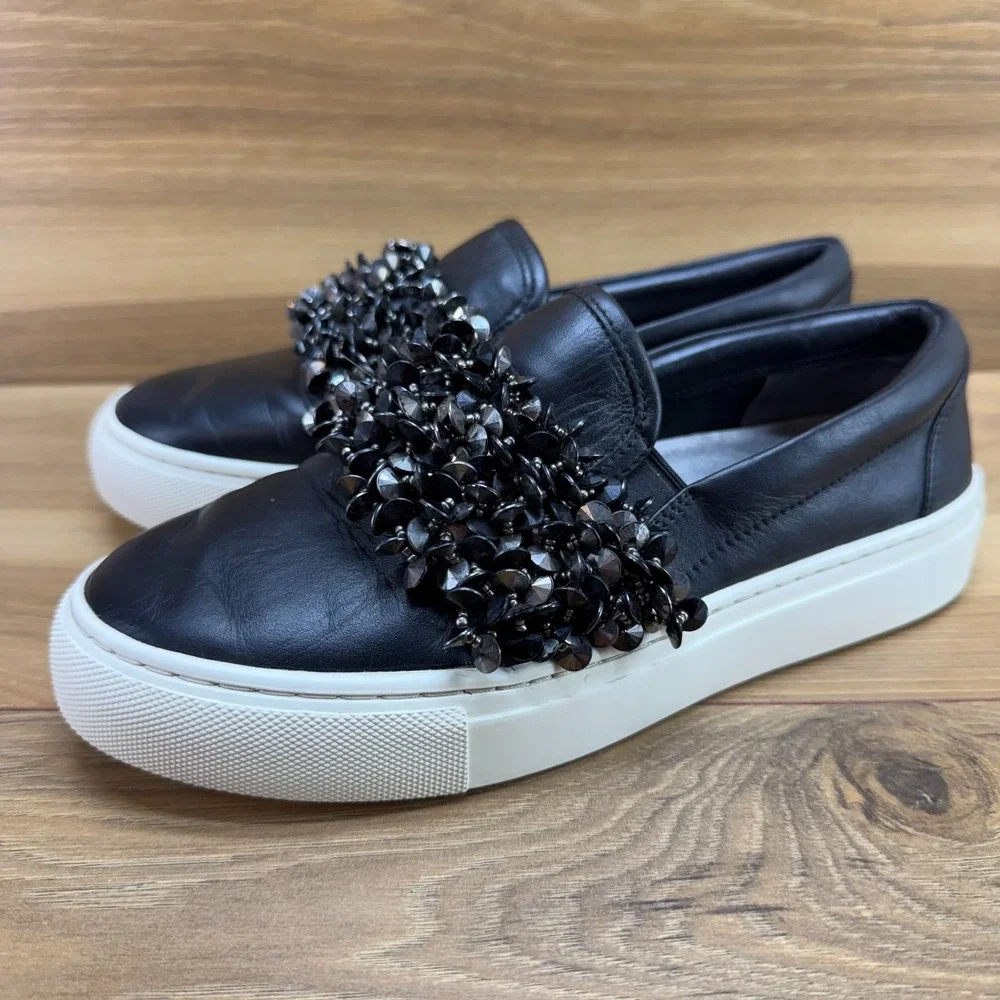 Tory Burch Logan Embellished Slip On 5 M Black Leather Beaded Pewter Casual Walk